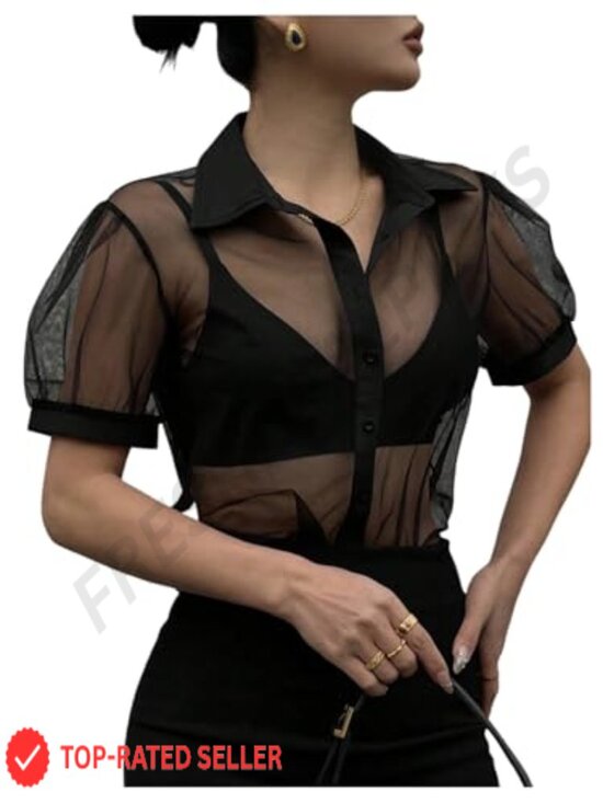 Tops - Sheer Mesh Puff Sleeve Crop Button Down Top Y2K Concert Outfit